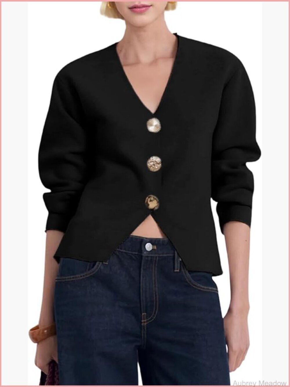 Cropped V-Neck Cardigan Sweater with Gold Buttons